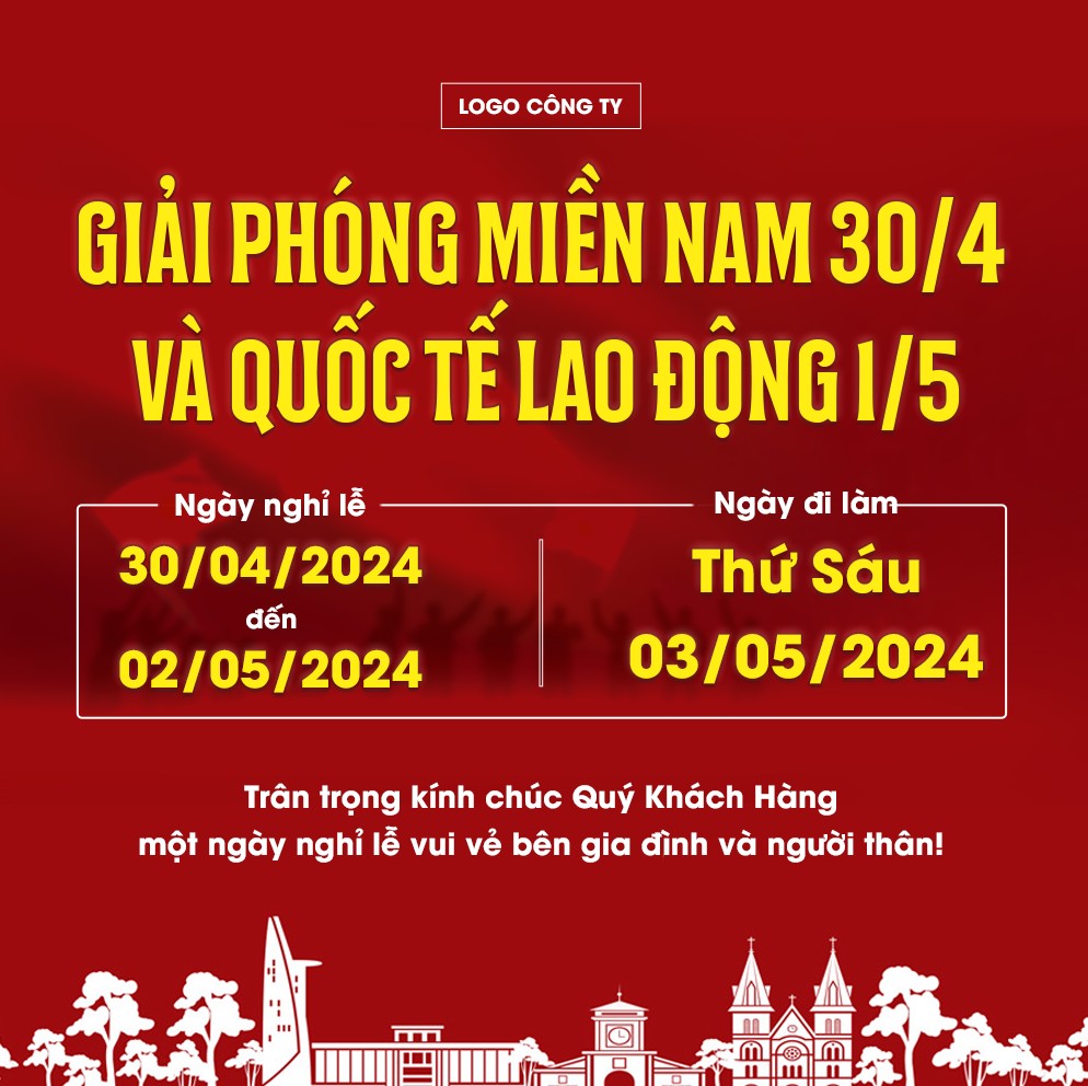 Holiday Announcement Banner for Vietnam Reunification Day and International Workers' Day, Red Background with Vietnamese Landmarks, Thông báo nghỉ lễ 30/4 và 1/5